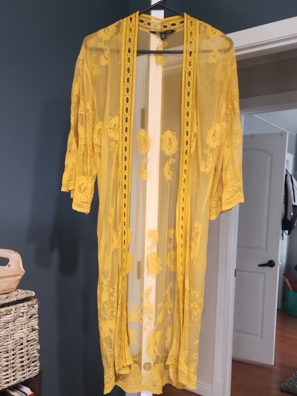 Yellow Embroidered Sheer Duster Kimono - Lightweight Layering